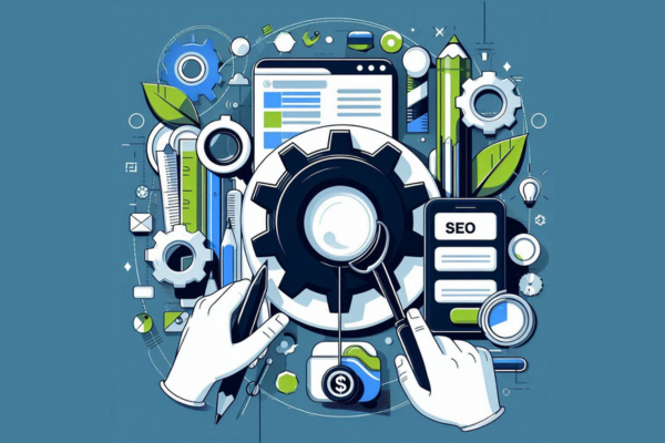 Ilustração do artigo sobre ferramentas de SEO, com elementos de engrenagem e listas, na paleta azul, verde, preto e branco.