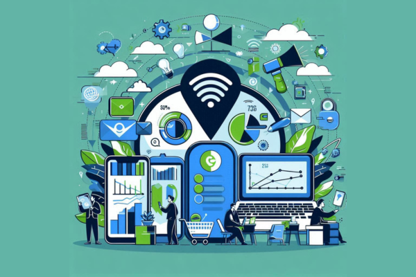 Ilustração do artigo sobre Marketing Multicanal, com elementos de rede, wifi, dispositivos móveis, aparelhos eletrônicos na paleta azul, verde, preto e banco.