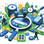 Ilustração do artigo sobre planejamento de palavras-chave, com lupa, pessoas e ferramentas de marketing, na paleta azul, verde, preto e branco.