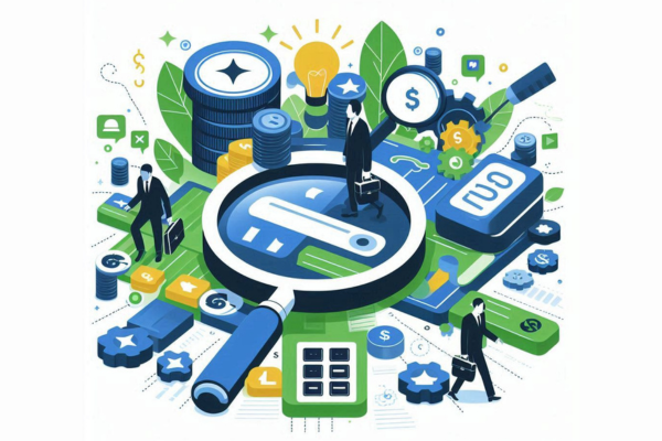 Ilustração do artigo sobre planejamento de palavras-chave, com lupa, pessoas e ferramentas de marketing, na paleta azul, verde, preto e branco.