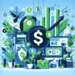 Ilustração do artigo sobre produtos lucrativos no mercado de afiliados. Símbolos financeiros na imagem, com gráficos e cifrões, na paleta azul, verde, preto e branco.