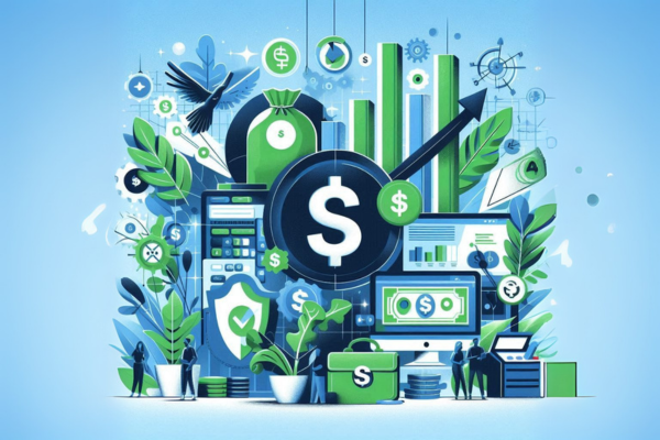 Ilustração do artigo sobre produtos lucrativos no mercado de afiliados. Símbolos financeiros na imagem, com gráficos e cifrões, na paleta azul, verde, preto e branco.