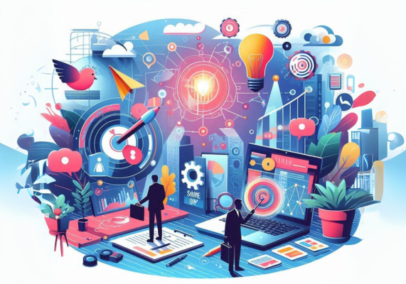 Ilustração do artigo sobre 7 campanhas de marketing que deram certo, na paleta colorida. Imagem com pessoas, conexões, meios de comunicação, marketing digital.