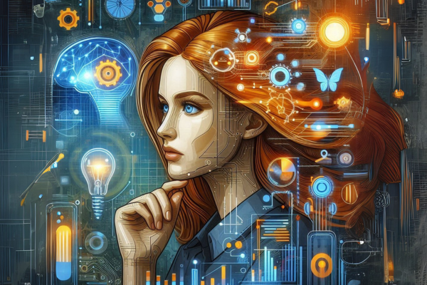 Ilustração do artigo sobre IA no Marketing, uma mulher ruiva de olhos claros, a Inteligência Humana e Artificial.