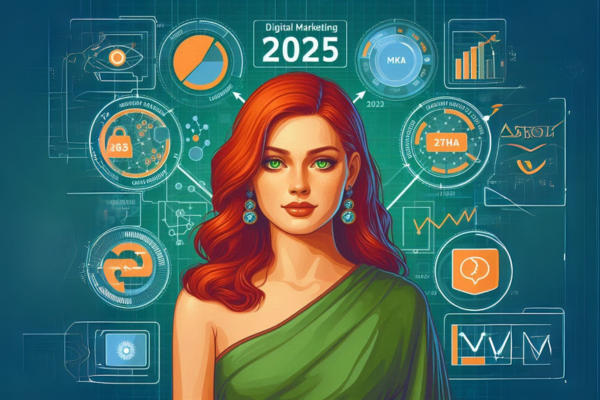 Ilustração do artigo sobre as principais tendências do marketing digital em 2025, com uma mulher ruiva de olhos e blusa verde.