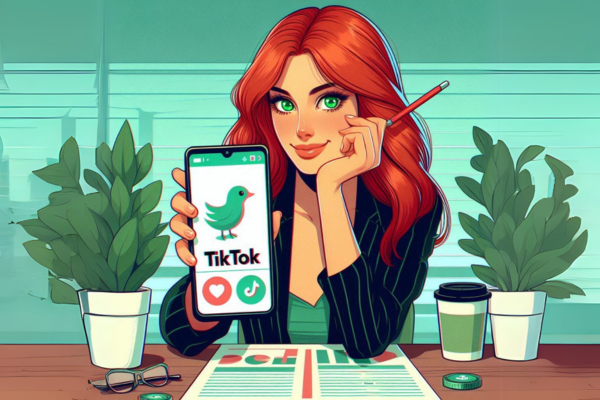 Ilustração do artigo sobre TikTok para Negócios. Uma mulher ruiva de olhos verdes mostrando o celular no aplicativo TikTok.