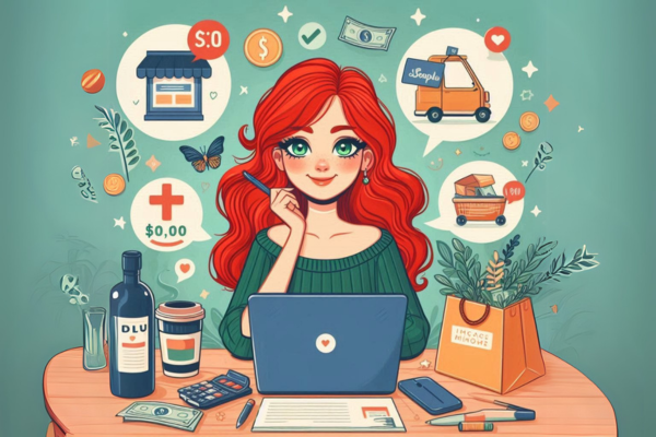 Ilustração do artigo sobre vendas com anúncios no facebook. Uma mulher ruiva marketeira.