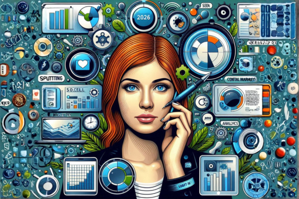 lustração do artigo sobre 10 estratégias de marketing digital para pequenos negócios em 2026, na paleta azul, verde, preto, branco e laranja, com uma mulher ruiva criadora de conteúdo.